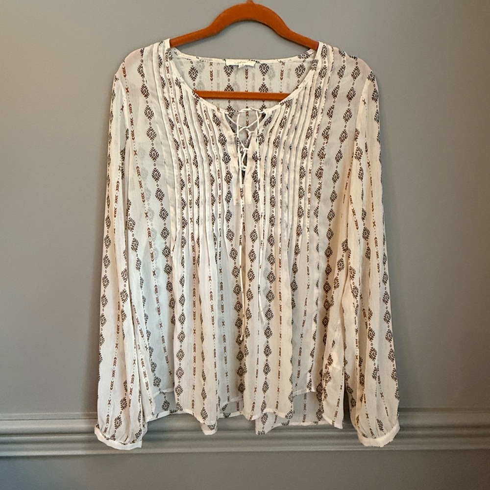 Mystree Cream Blouse with Mandarin Collar and Long Sleeves